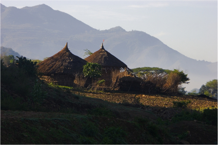 Landscape with huts in Ethiopia